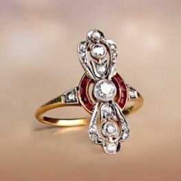 Elongated Ruby Diamond And Gold Antique Ring Circa 1900