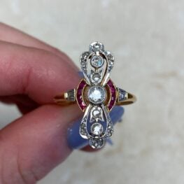French Cut Ruby Accented Antique Diamond Ring Circa 1900 13854 F5
