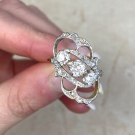 Open Work Diagonal Motif Three Stone Old Mine Cut Antique Ring 13865 F5