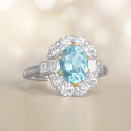 Platinum, 1.20ct Aquamarine, and Cluster Halo Plymouth Ring Artistic Photo
