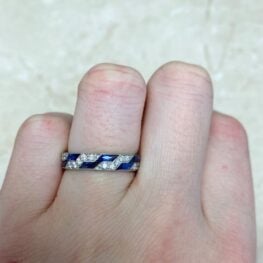 Natural Calibre Sapphires and Old Cut Diamond Wedding Band Admiral Band F2
